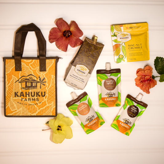 gift set with thermal tote, coffee, macadamia nut crumble, vanilla syrup, hot fudge, vanilla caramel