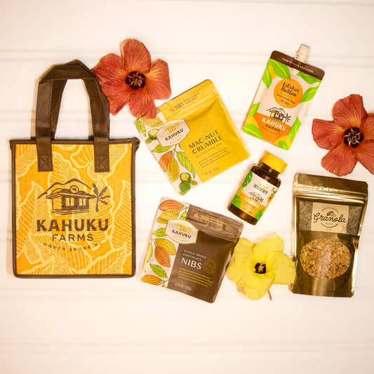 gift set with thermal tote, macadamia nut crumble, liliko'i butter, honey, granola, and cacao nibs
