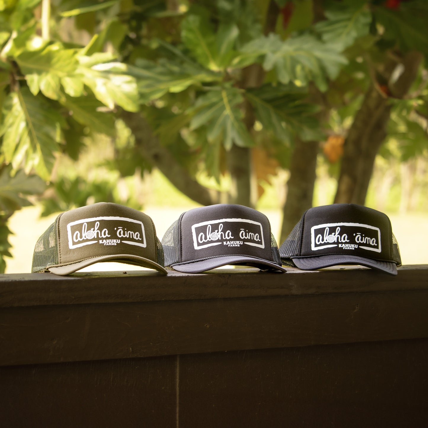 kahuku farms aloha 'aina hat in green, grey, and black color