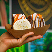 grilled banana bread with ice cream and sauces