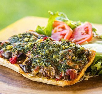 farm pizza and side salad