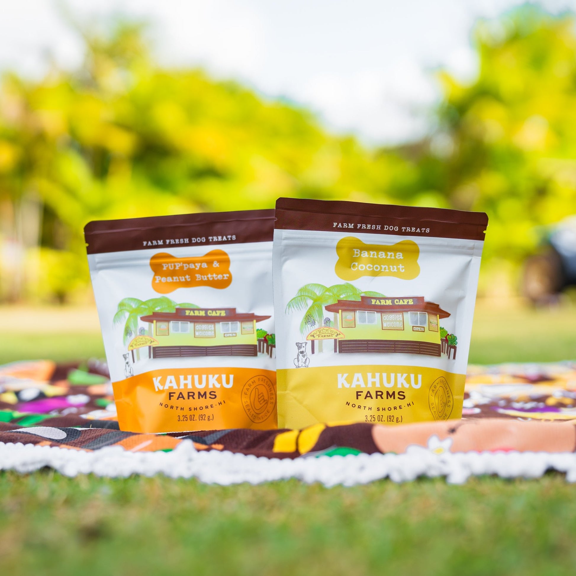 bag of papaya peanut butter treat and banana coconut treat