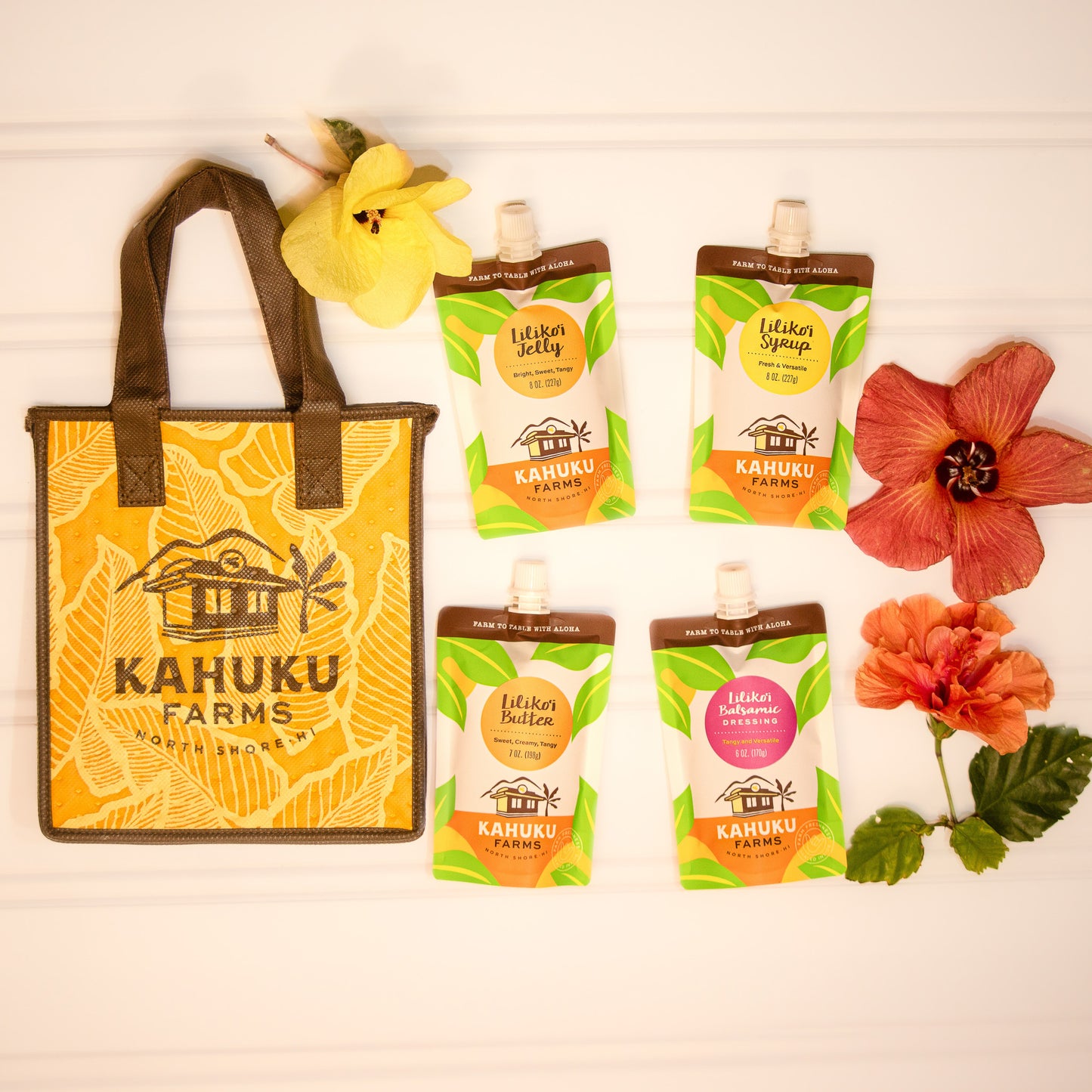 gift set with liliko'i jelly, liliko'i syrup, liliko'i butter, and liliko'i balsamic dressing