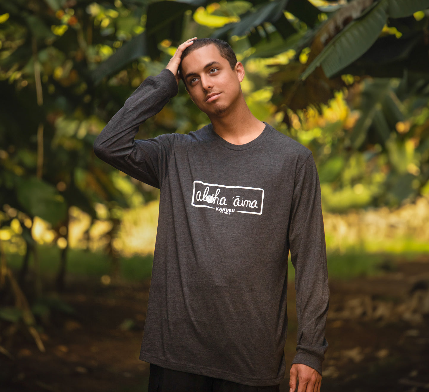 man modeling charcoal grey kahuku farms long sleeve shirt