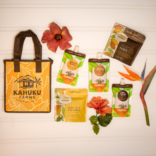 gift set with thermal tote bag, liliko'i butter, vanilla caramel, hot fudge, mac-nut crumble, and cacao nibs