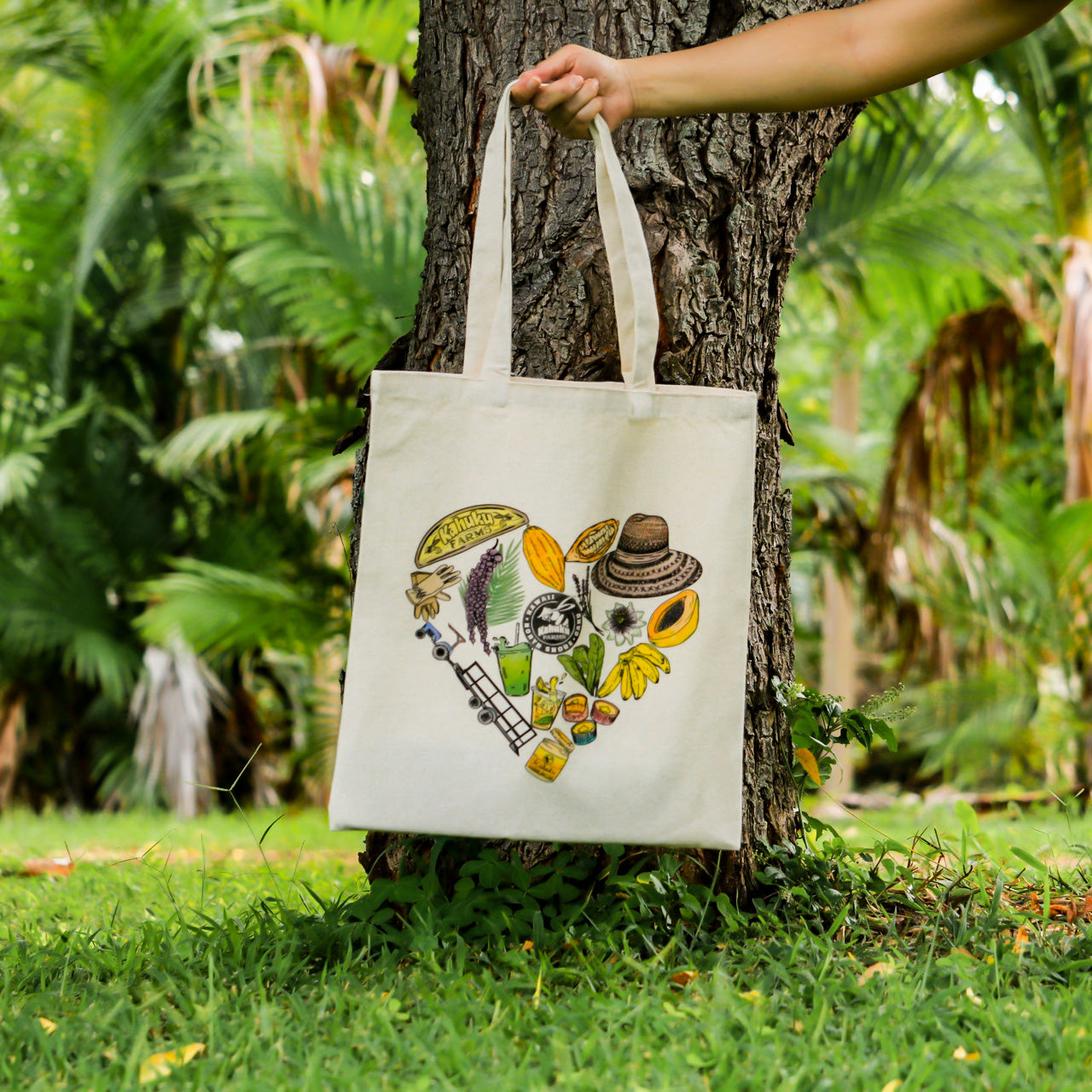 canvas tote bag with farm illustration