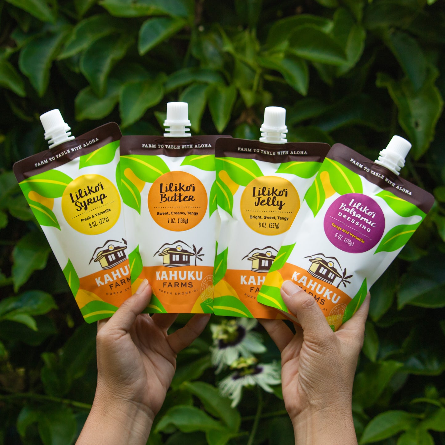 liliko'i syrup, liliko'i butter, liliko'i jelly, and liliko'i balsamic dressing in spouted squeeze pouches